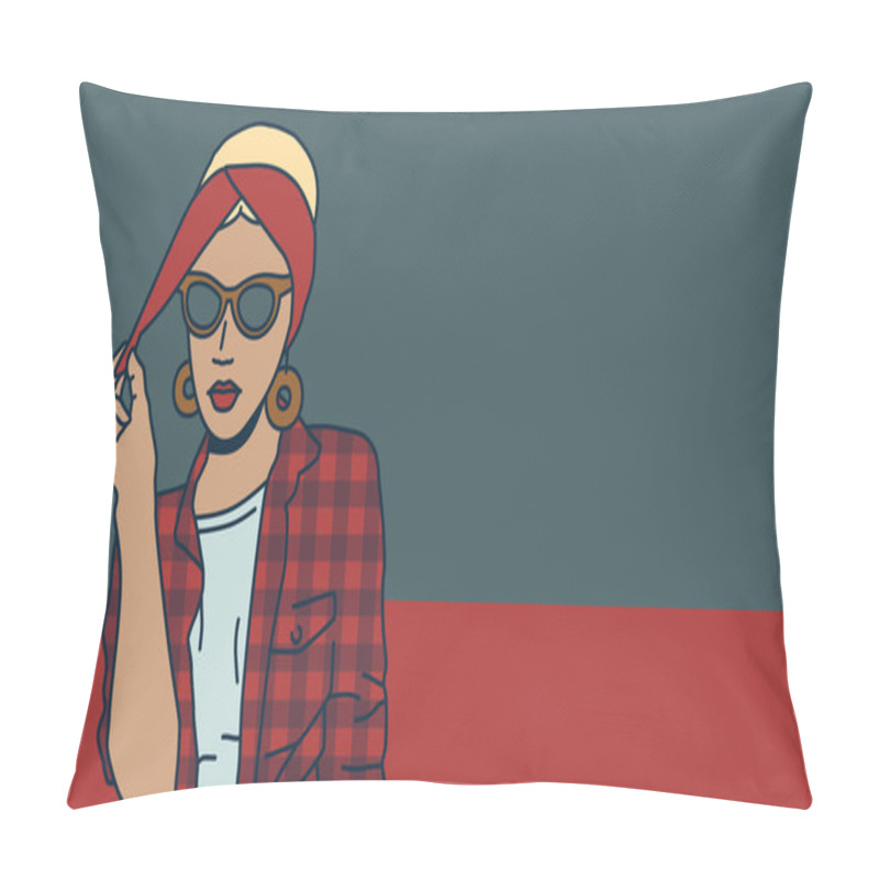 Personality  Blonde In Retro Style. Checked Shirt, A Scarf Head, Pop Art Fash Pillow Covers