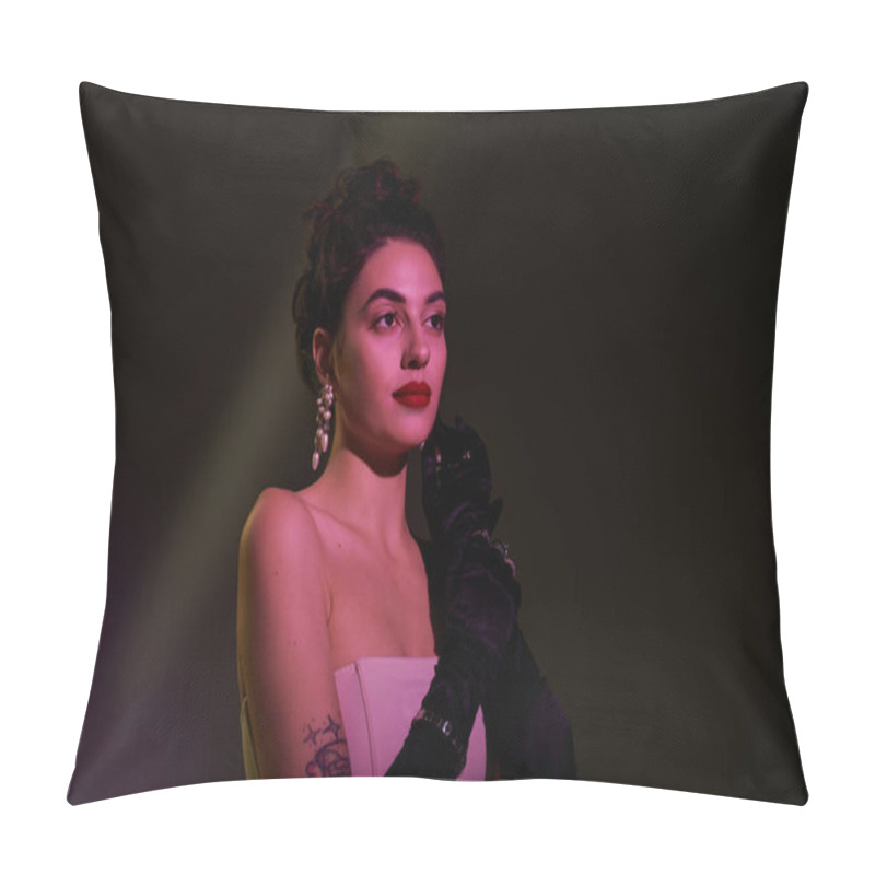 Personality  A Stunning Woman Exudes Elegance With Stylish Gloves And Glamorous Earrings In Soft Lighting. Pillow Covers