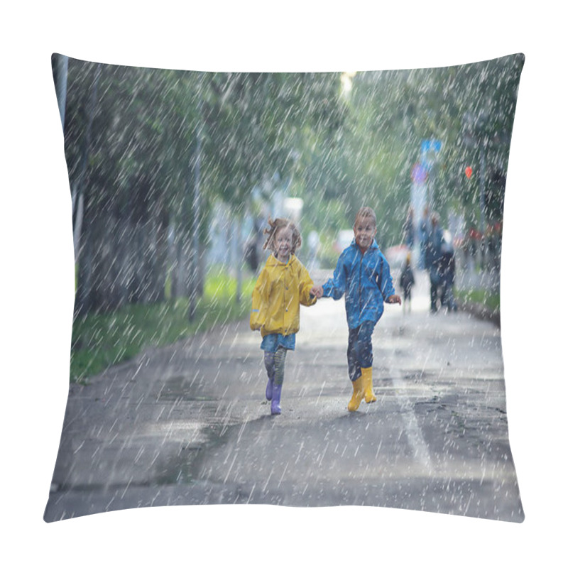 Personality  Children Run In Raincoats / Summer Park, Rain, Walk Brother And Sister, Children Boy And Girl Pillow Covers