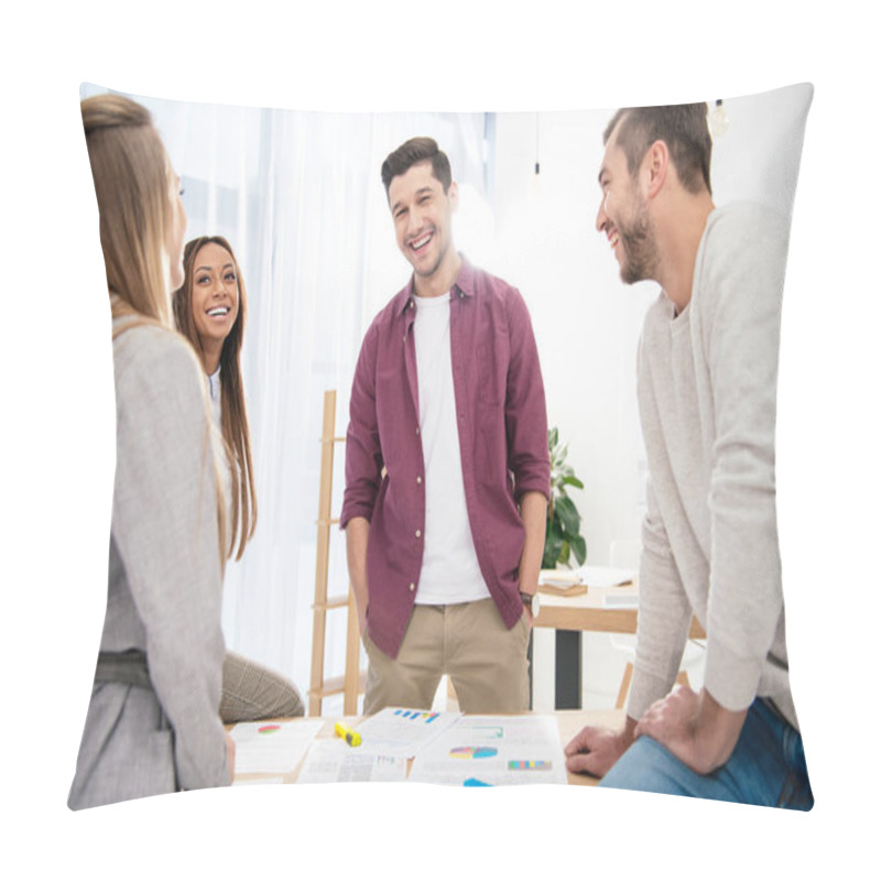 Personality  Smiling Multiethnic Business Colleagues Discussing New Marketing Project At Workplace In Office Pillow Covers