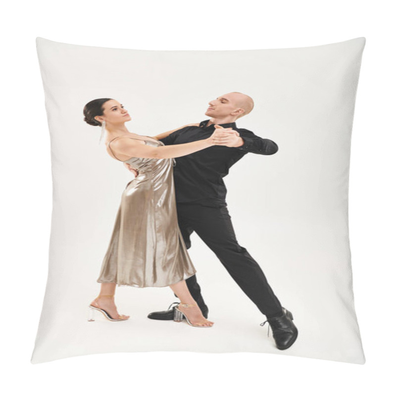 Personality  A Young Man In Black And A Young Woman In A Dress Perform Acrobatic Dance Moves Together In A Studio Setting. Pillow Covers