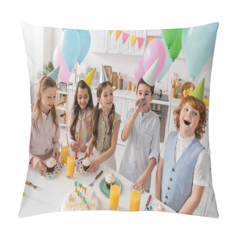 Personality  Happy Preteen Girls Holding Cupcakes And Looking At Boys During Birthday Party  Pillow Covers