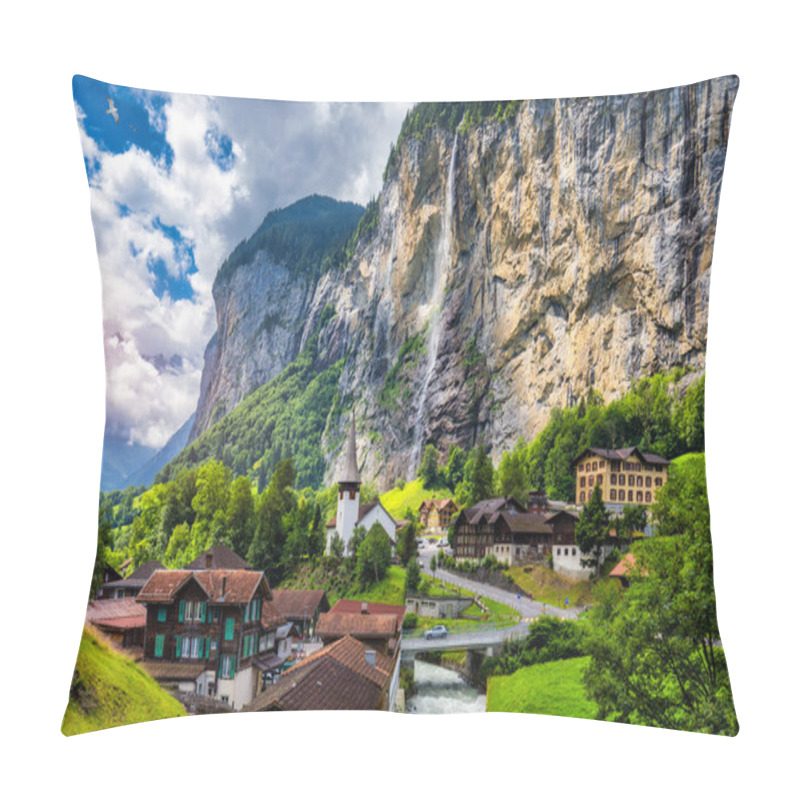 Personality  Amazing Summer Landscape Of Touristic Alpine Village Lauterbrunnen With Famous Church And Staubbach Waterfall. Location: Lauterbrunnen Village, Berner Oberland, Switzerland, Europe. Pillow Covers