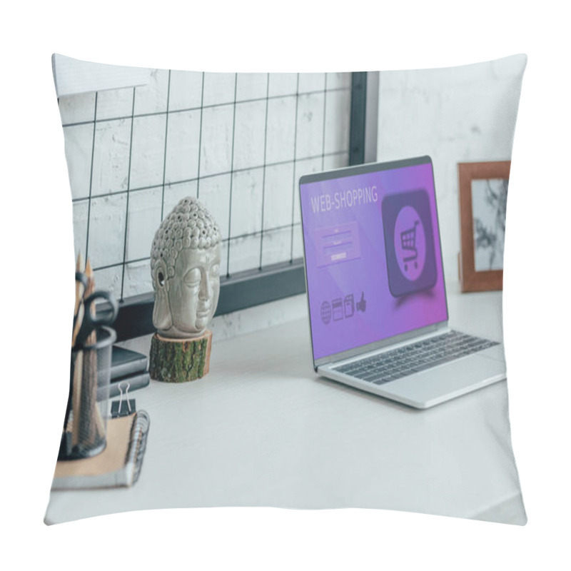 Personality  Laptop With Loaded Web Shopping Page On Table In Modern Office Pillow Covers