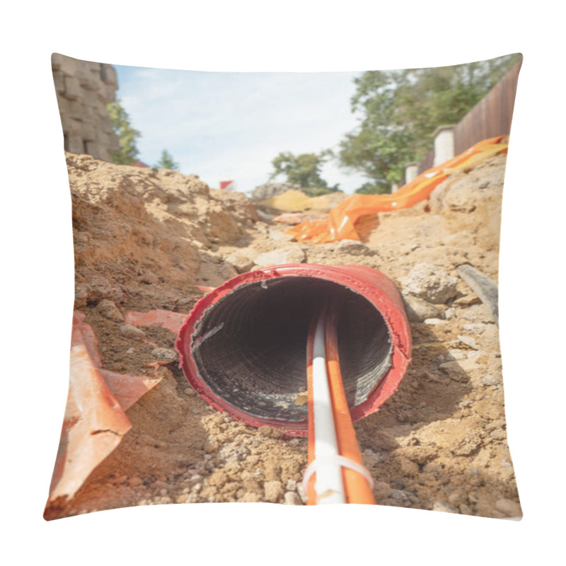 Personality  Data Fiber Optic Cables In Ribbed Pipe Under Road. Wire In HDPE And Protectivep Tube. Building Of Lines Of Metallic And Optic Cables,  Pillow Covers