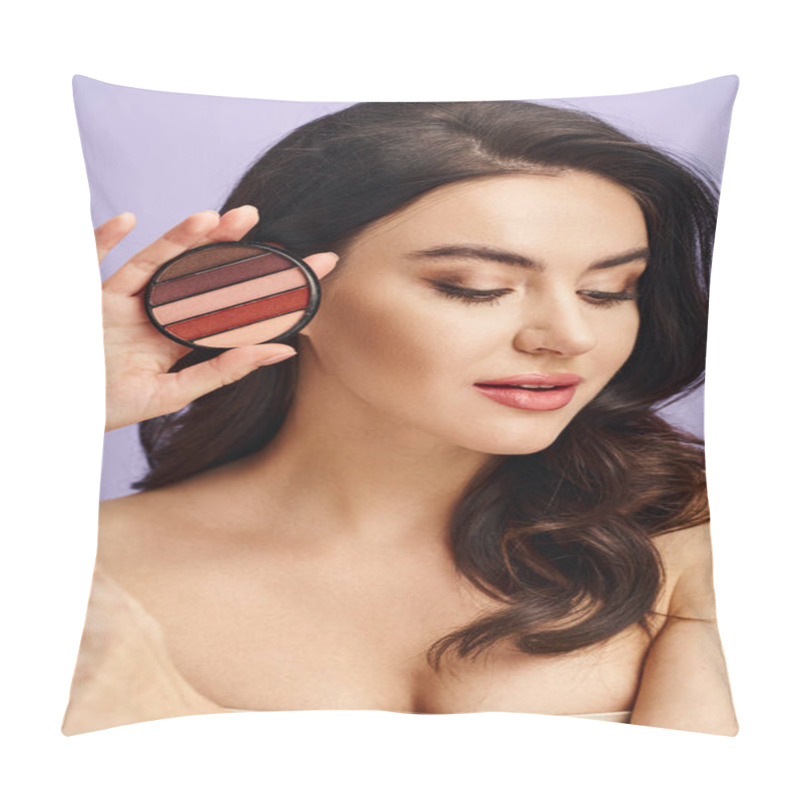 Personality  A Natural Beauty Woman Gracefully Applying Makeup With A Palette. Pillow Covers