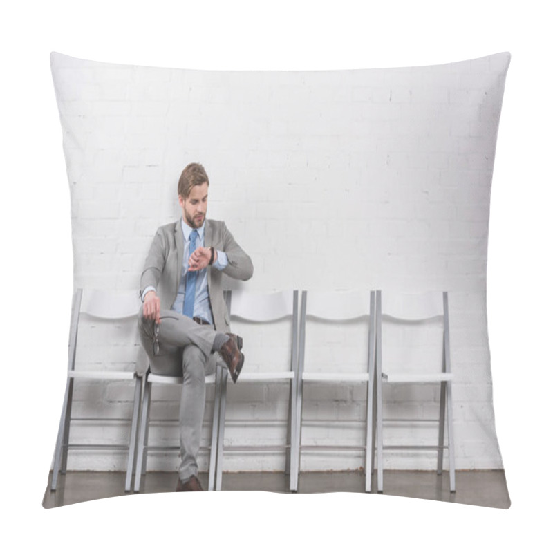 Personality  Caucasian Businessman Checking Time While Waiting For Job Interview Pillow Covers