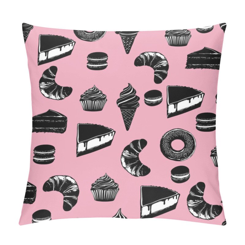 Personality  Seamless Pattern Of Desserts On Pink Background. Black And White Pastry Illustration With Pink. Stylish Food Illustration With Sweets And Pastries Pillow Covers