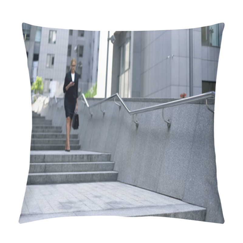 Personality  Beautiful Woman Walking Down Stairs And Checking Mail On Smartphone, Busy Life Pillow Covers