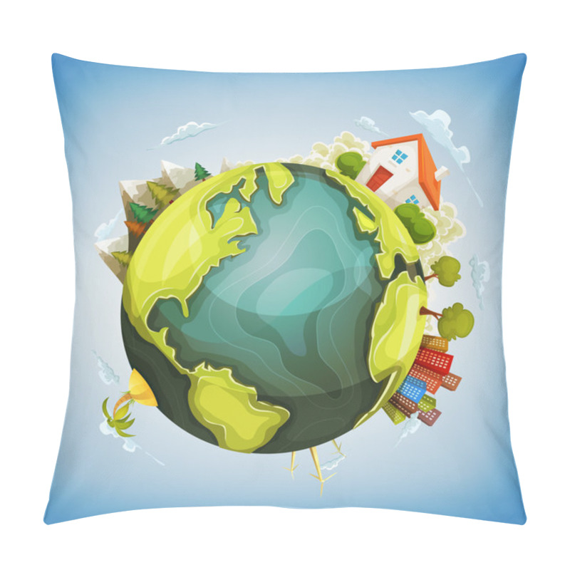 Personality  Earth Planet With Home, Nature And City Around Pillow Covers