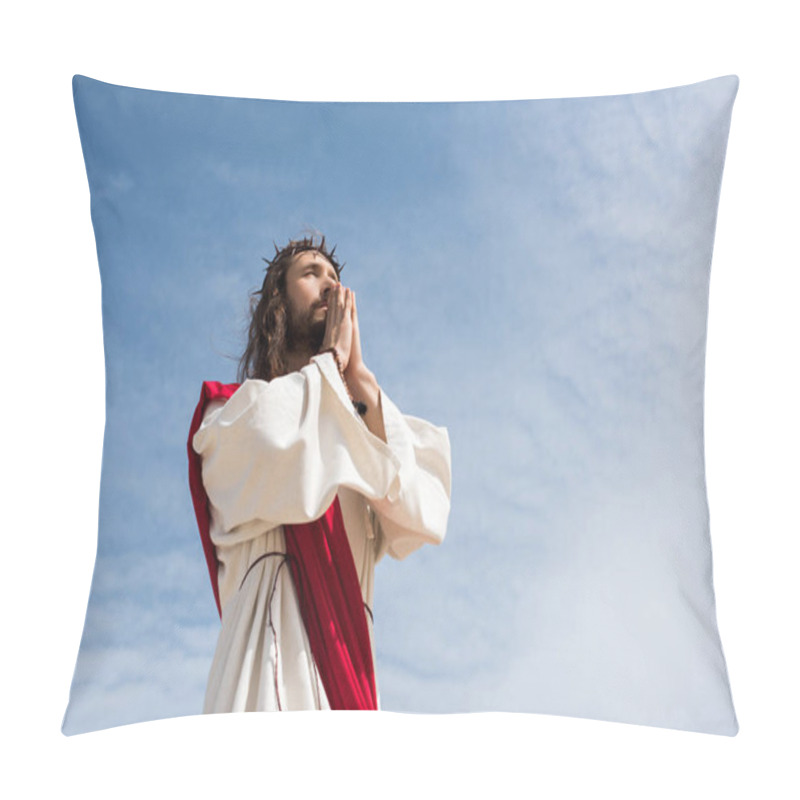 Personality  Low Angle View Of Jesus Praying Against Blue Sky Pillow Covers