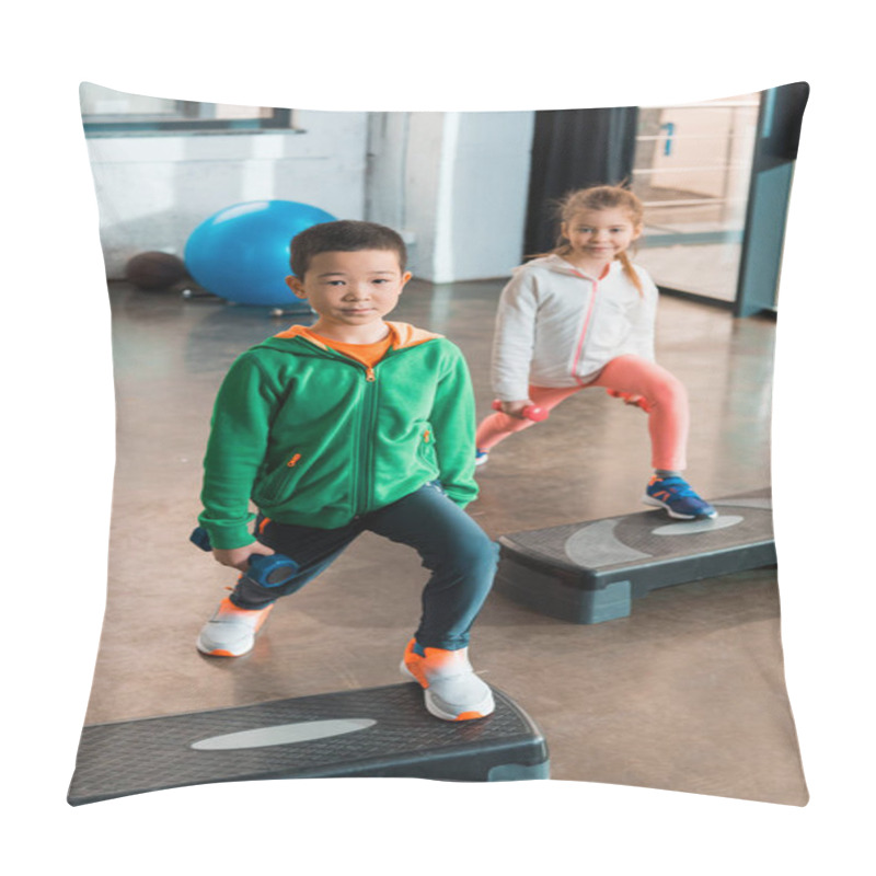 Personality  High Angle View Of Multiethnic Children Holding Dumbbells And Working Out On Step Platforms In Gym Pillow Covers