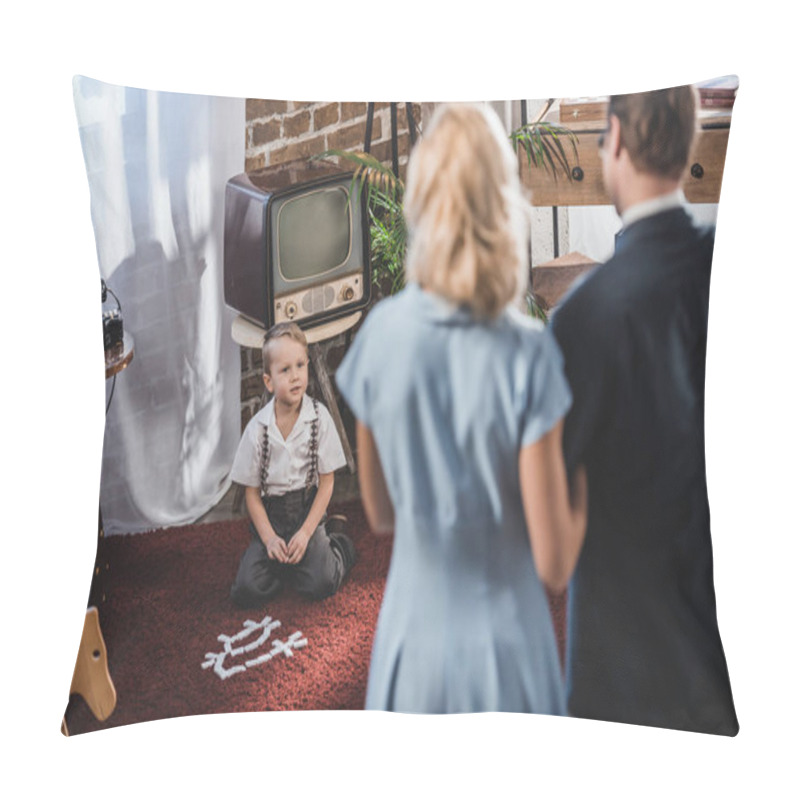 Personality  Back View Of Parents Standing Together And Looking At Cute Little Son Playing With Domino Tiles, 1950s Style  Pillow Covers