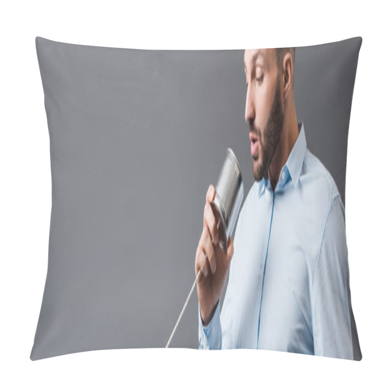 Personality  Panoramic Shot Of Bearded Man Taking While Holding Tin Can Isolated On Grey  Pillow Covers