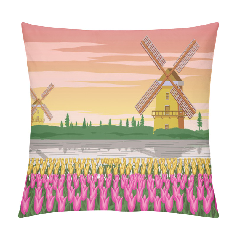 Personality  Tulip Garden,famous Symbol Of Holland And Wind Mill Around With  Pillow Covers