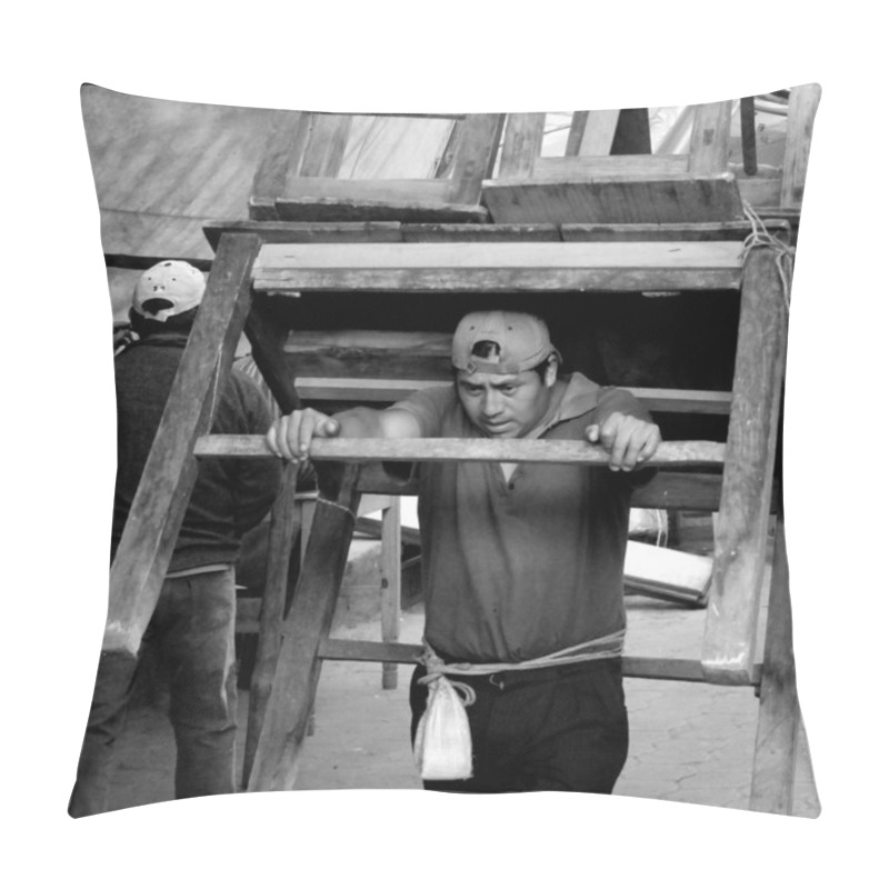 Personality  A Man Is Carrying A Big Wooden Table And Some Chairs On His Back To The Market. Pillow Covers