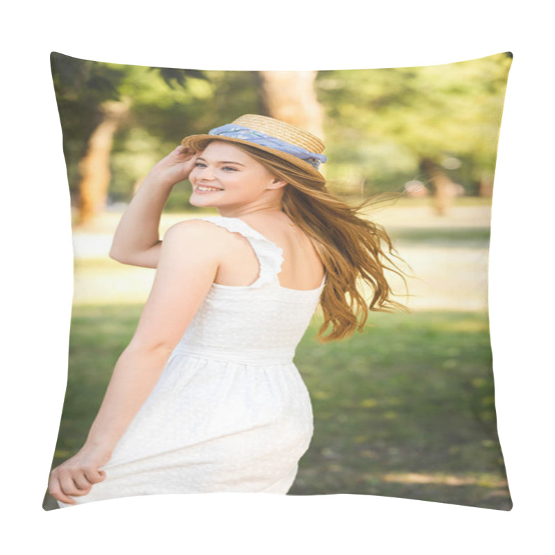 Personality  Beautiful Girl In White Dress Touching Straw Hat While And Standing On Meadow, Smiling And Looking Away Pillow Covers