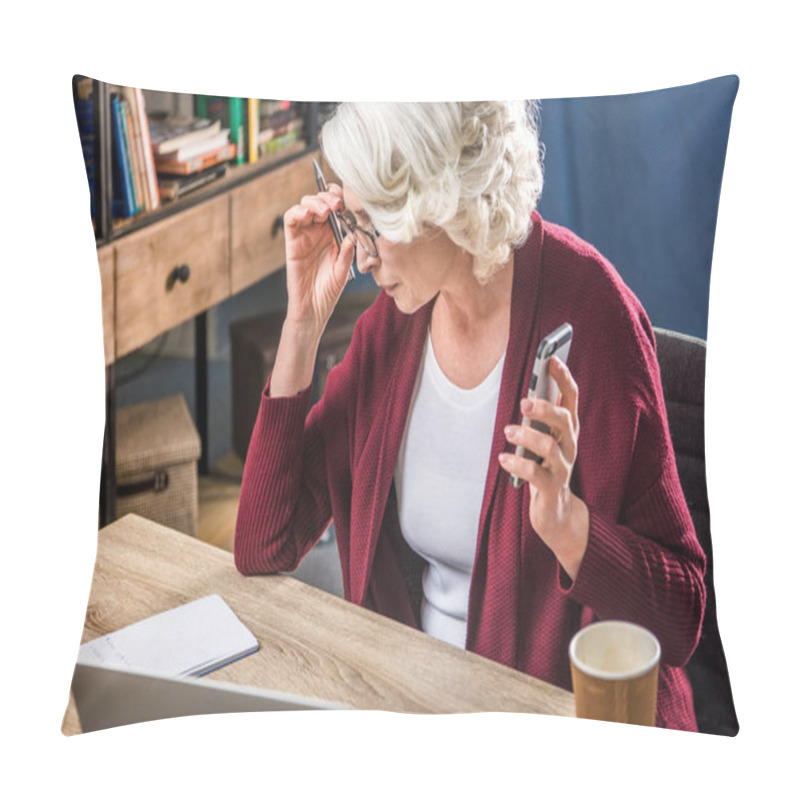 Personality  Senior Woman Adjusting Eyeglasses   Pillow Covers