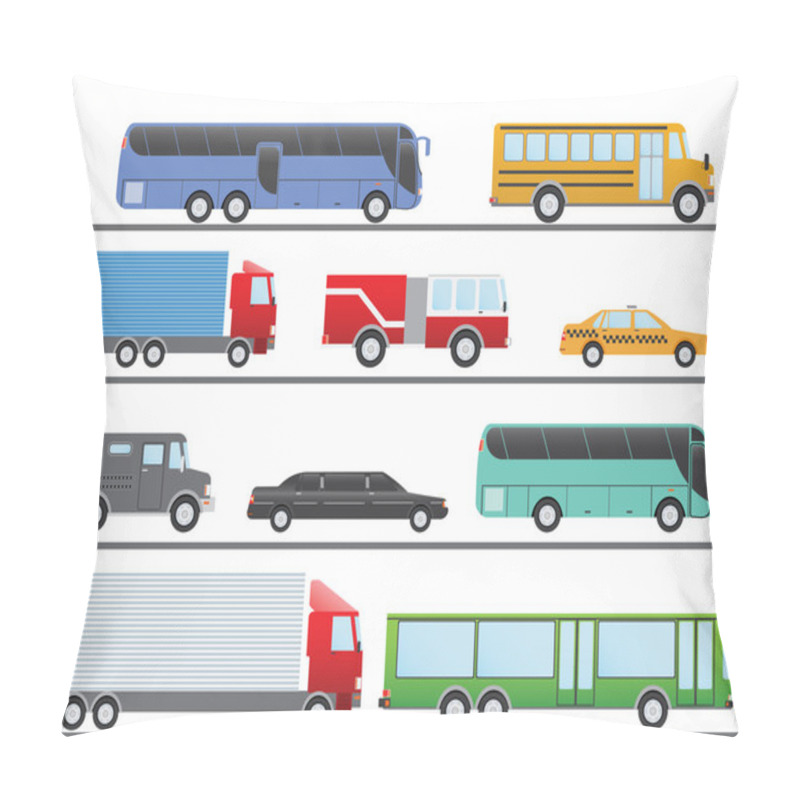 Personality  Flat Design Vector Illustration City Transportation Flat Icons. Trucks, Bus, Taxi, Limo, Fire Truck, And School Bus Pillow Covers