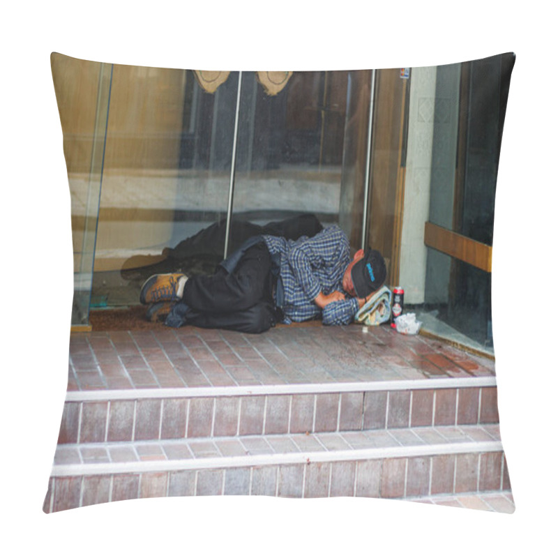 Personality  Perigueux, France September 02 2023 : A Stark Contrast: Homeless Individual Rests Outside Closed Shop. Pillow Covers