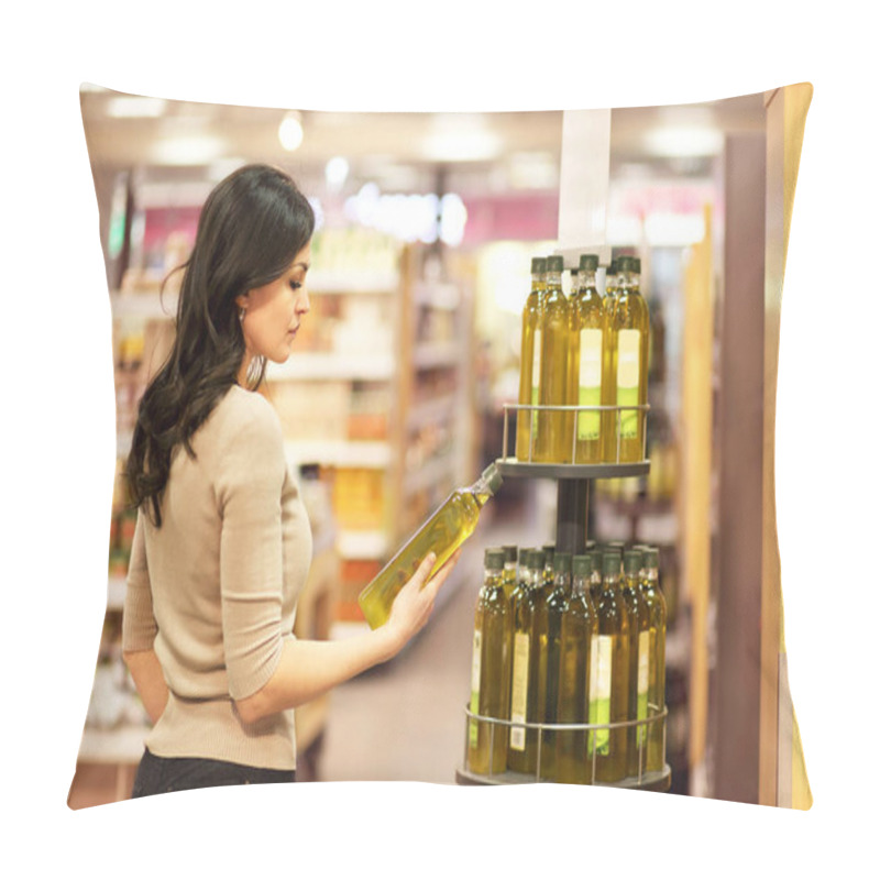 Personality  Woman Choosing Daily Products At Supermarket. Reading Product Information. Concept Of Conscious Choice Of Healthy And Quality Food. Pillow Covers