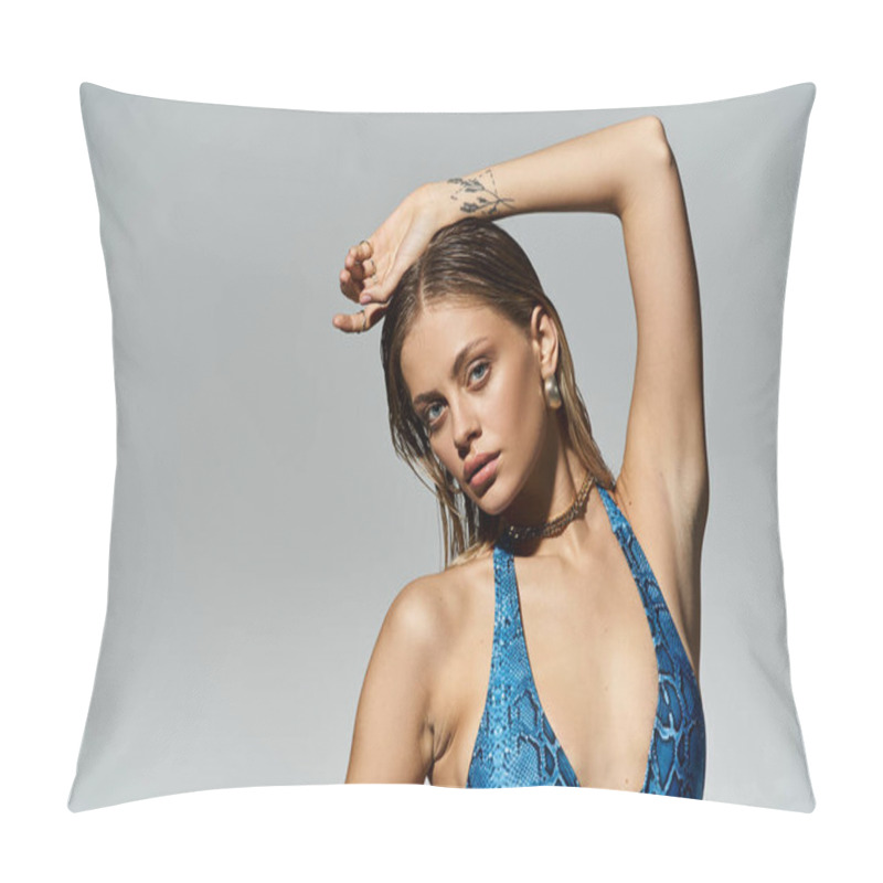 Personality  Stylish Blonde Woman Striking A Pose In A Fashionable Blue Swimsuit. Pillow Covers