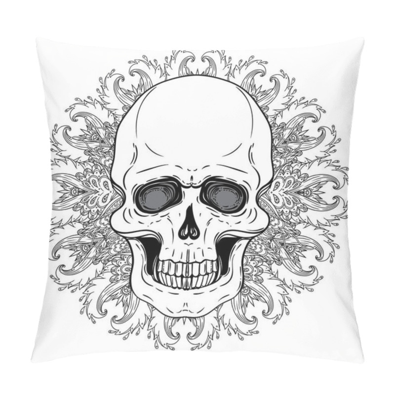 Personality  Human Skull And Lotus Over Mandala Inspired Sacred Geometry. Ayu Pillow Covers