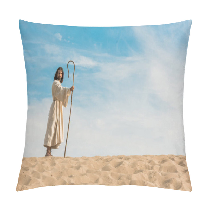 Personality  Jesus Holding Wooden Cane Against Blue Sky In Desert  Pillow Covers