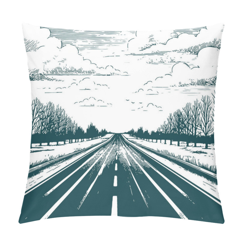 Personality  Winter Highway Through Forest Avenue Woodcut Style Illustration Pillow Covers