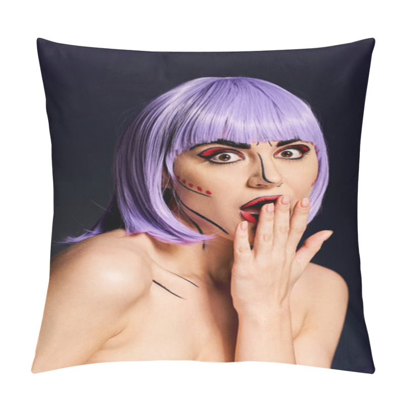 Personality  A Beautiful Woman Donning A Purple Wig And Creative Pop Art Makeup Strikes A Pose On A Dramatic Black Background. Pillow Covers