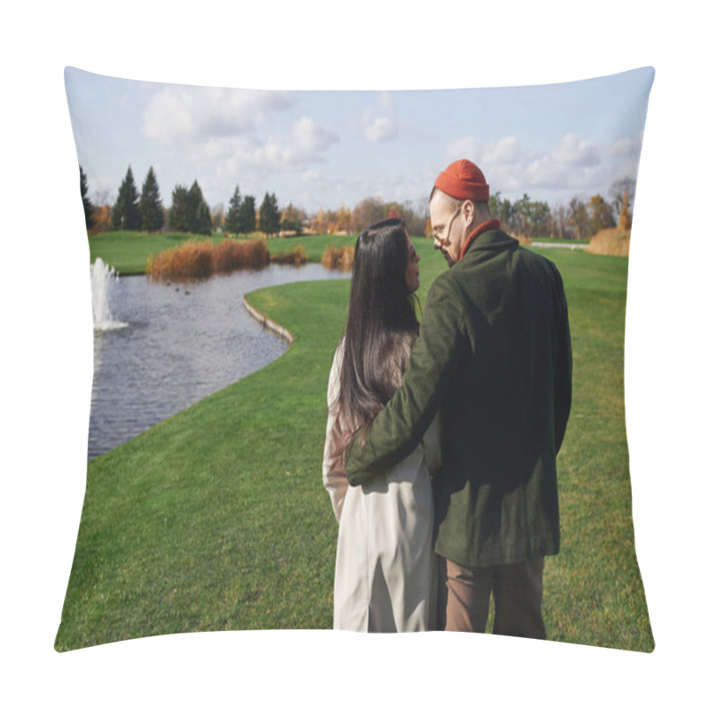 Personality  A Couple Enjoys A Warm Autumn Day, Wrapped In Each Others Embrace Near A Tranquil Lake. Pillow Covers