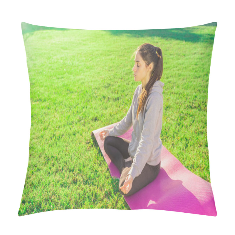 Personality  Young Woman Doing Yoga In The Morning In Her Garden With Sunlight In Lotus Position, Namaste, Exercise, Wearing Sportswear.  Pillow Covers