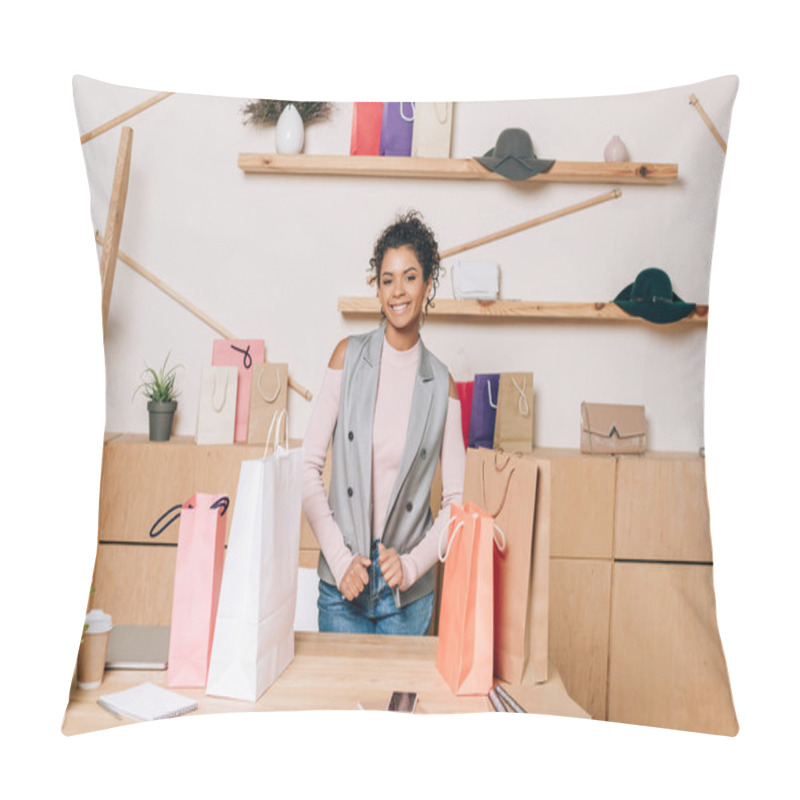 Personality  Clothing Store Manager Standing At Workplace With Shopping Bags On Table Pillow Covers