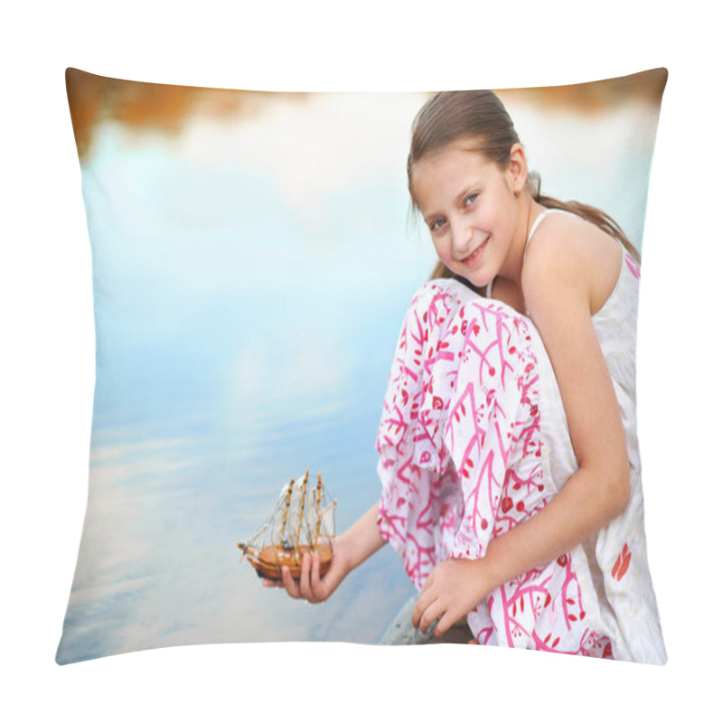 Personality  Girl Child Playing With A Toy Sailing Ship By The River Pillow Covers