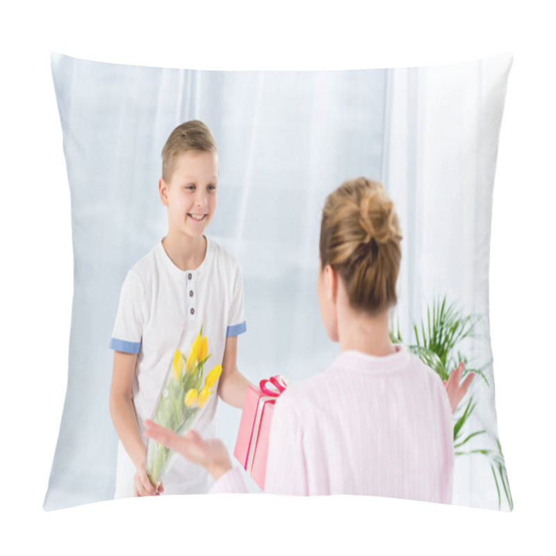 Personality  Happy Little Son Presenting Gift And Flowers For Mother On Mothers Day Morning Pillow Covers