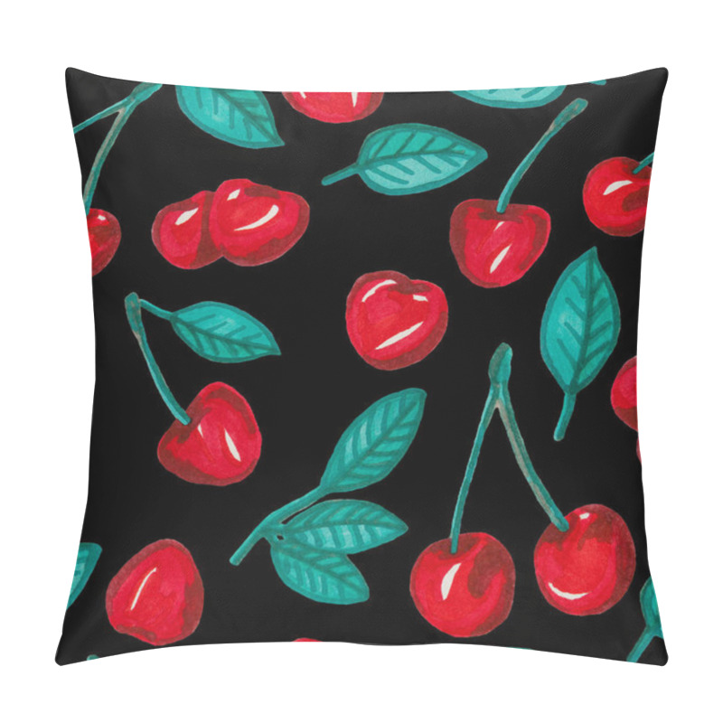 Personality  Red Cherries And Leaf On Black Background, Seamless Pattern With Hand Drawn Fruits Pillow Covers