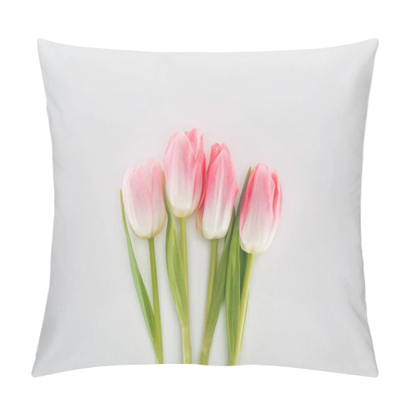 Personality  Top View Of Pink Tulip Flowers Isolated On Grey Pillow Covers