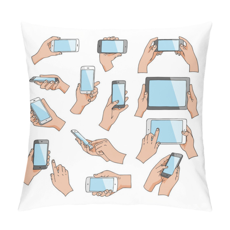 Personality  Hands With Gadgets Vector Hand Holding Phone Or Tablet And Character Working On Smartphone Illustration Set Of Digital Device Cellphone With Touchscreen Isolated On White Background Pillow Covers