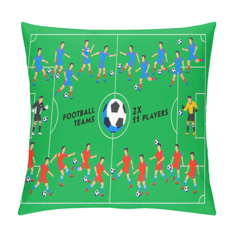 Personality  Football Players On A Green Field. Soccer Players On Different Positions Playing Football On A Stadium. Spectacular Sport. Colorful Flat Style Illustration. Pillow Covers