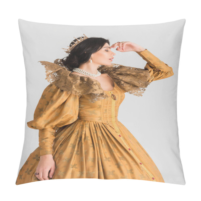 Personality  Side View Of Tired Queen With Crown Isolated On Grey Pillow Covers