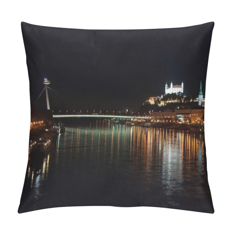 Personality  Night View Of The Lighted SNP Bridge Over Danube River And Castle. Bratislava, Slovakia Pillow Covers