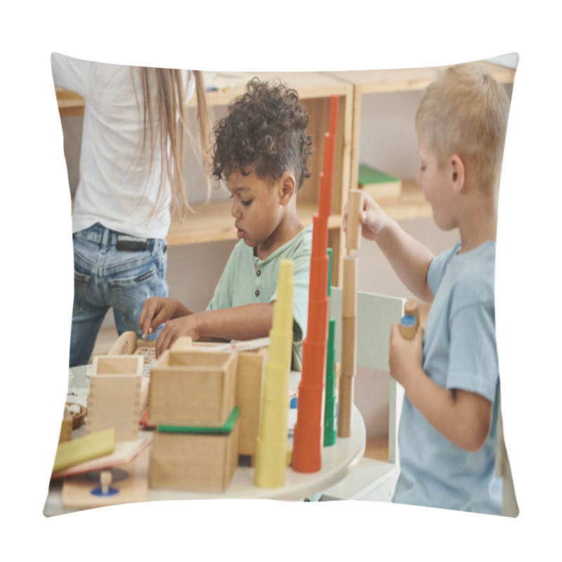 Personality  Interracial Kids Playing Montessori Game, African American, Boys Playing Wooden Toys, Color Matching Pillow Covers