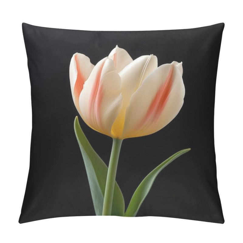 Personality  Elegant White Tulip With Soft Pink Streaks, Exuding A Serene Beauty Against A Black Background. Pillow Covers