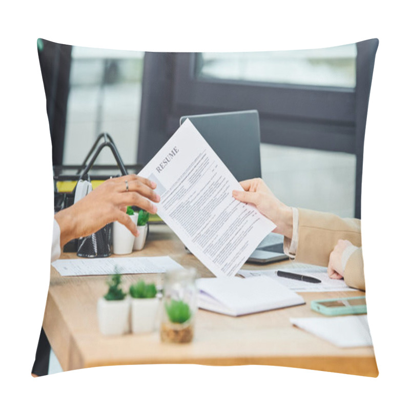 Personality  Man Handing Paper To Woman At Desk During Job Interview. Pillow Covers