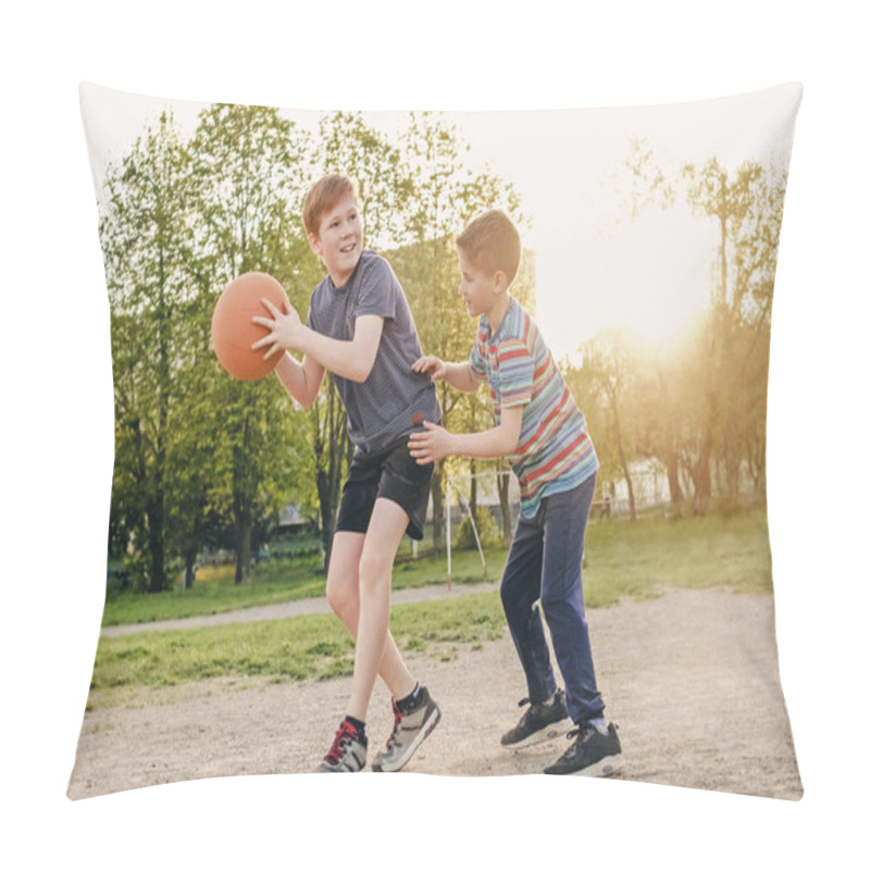 Personality  Two Happy Young Boys Playing Basketball Pillow Covers