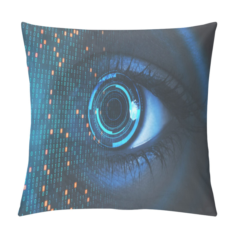 Personality  Close Up Of Eye With Binary Code. Biometrics And Computing Concept. Double Exposure Pillow Covers