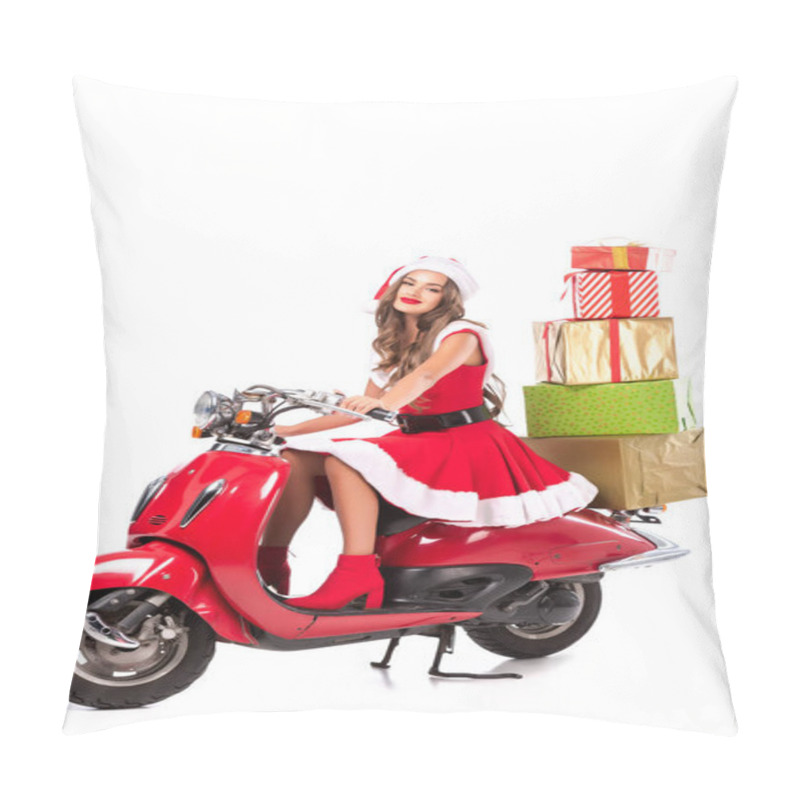 Personality  Happy Brunette Girl In Santa Costume Driving Red Scooter With Presents, Isolated On White Pillow Covers