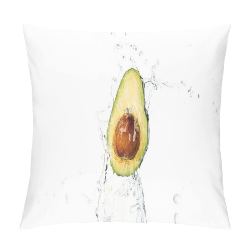 Personality  Ripe Nutritious Avocado Half With Seed And Transparent Water Splash With Drops Isolated On White  Pillow Covers