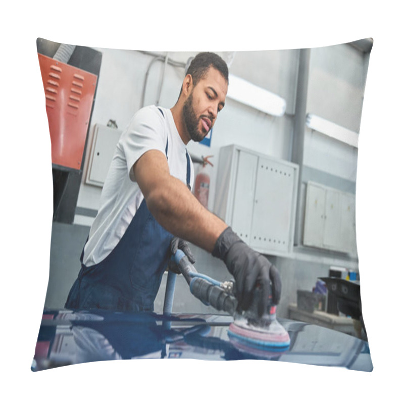 Personality  Handsome Young Mechanic Focuses On Polishing A Vehicle With Precision In A Busy Workshop. Pillow Covers