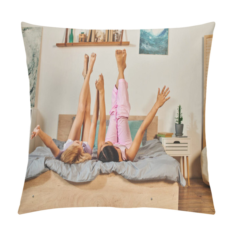 Personality  A Happy Lesbian Couple Shares A Playful Moment On Their Bed, Their Legs Raised In The Air. Pillow Covers